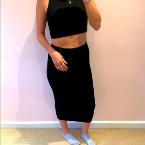 Leith small dark black womens high waisted high rise midi Skirt elastic waist